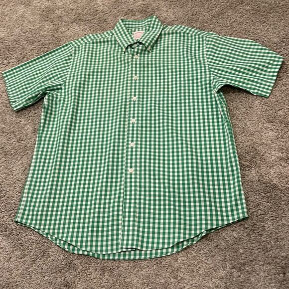 EUC Brooks Brothers Short Sleeve Button‎ Down Shirt White Green LARGE L Non-Iron - Picture 1 of 16